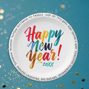 Cool New Years Eve Colorful Rainbow Brush Script Paper Plates