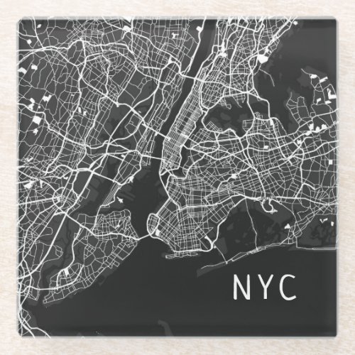 Cool New York City Map  NYC  Black  White Glass Coaster