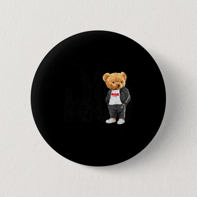 Cool New York City Teddy Bear Illustration Graphic Button (Front)