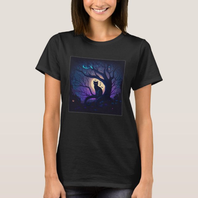 Cool Night Cat Illustration Moon Tree Unique Women T-Shirt (Front)