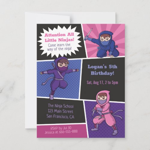Cool Ninja School Kids Birthday Party Invitation