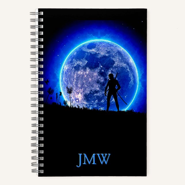 Cool Ninja Warrior Blue Moon Monogram Japan-Look Notebook (Front)