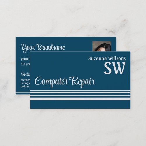 Cool Ocean Blue Light Gray with Monogram and Photo Business Card