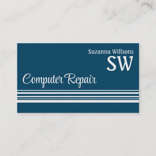 Cool Ocean Blue Light Gray with Monogram and Photo Business Card (Front)
