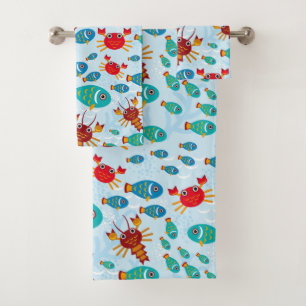 Cool Ocean Marine Life Fish and Crab Bath Towel Set