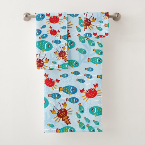 Cool Ocean Marine Life Fish and Crab Bath Towel Set