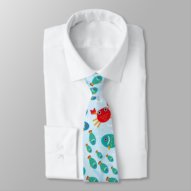 Cool Ocean Marine Life Fish and Crab Blue Neck Tie (Tied)