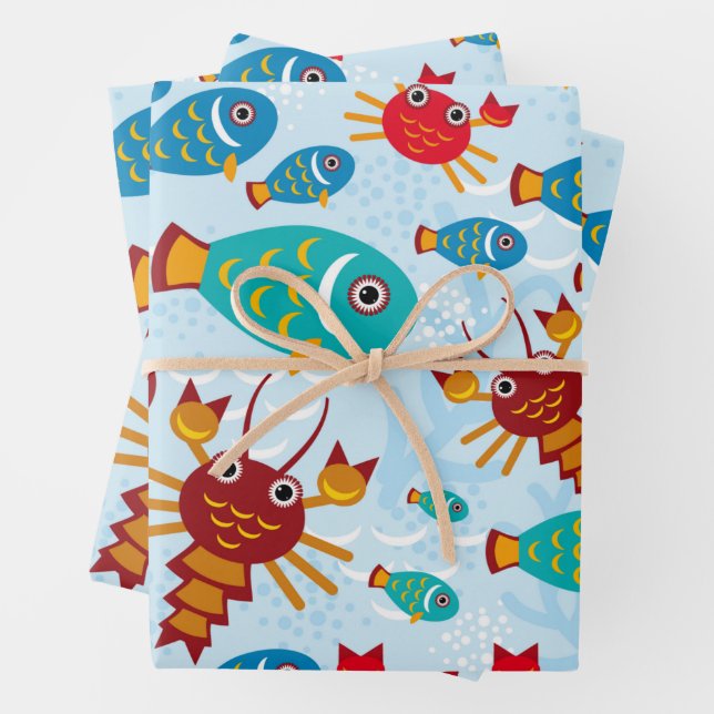 Cool Ocean Marine Life Fish and Crab Wrapping Paper Sheets (In situ)