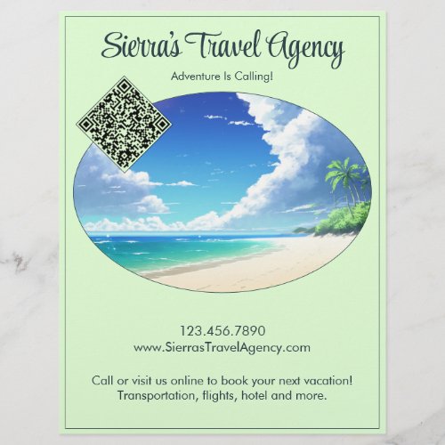 Cool Ocean Tropical Sandy Beach QR Code Green Flyer