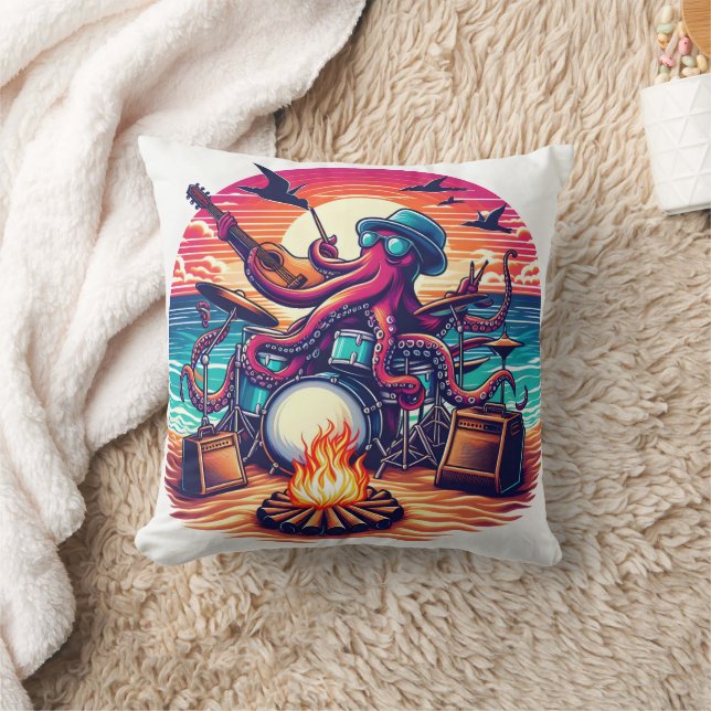 Cool Octopus Playing Music By The Beach Sunset Throw Pillow (Blanket)