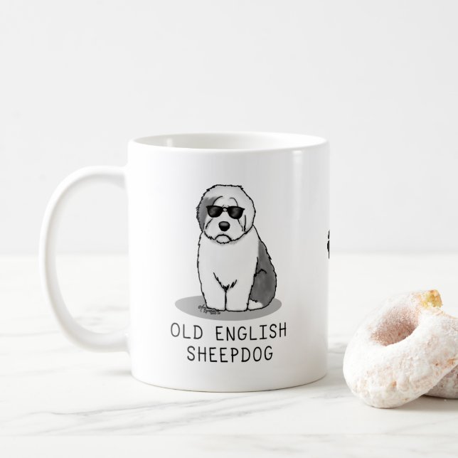 Cool Old English Sheepdog (Gray 1) Cute Funny Coffee Mug (With Donut)