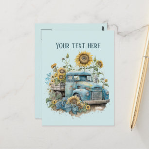 Cool old Farmers truck sunflowers add text Postcard