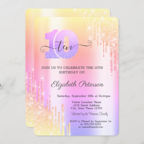 Cool Ombre Glitter Drips 10th Birthday  Invitation