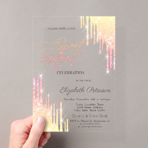 Cool Ombre Glitter Drips Rose Gold Sweet 16 Acrylic Invitations