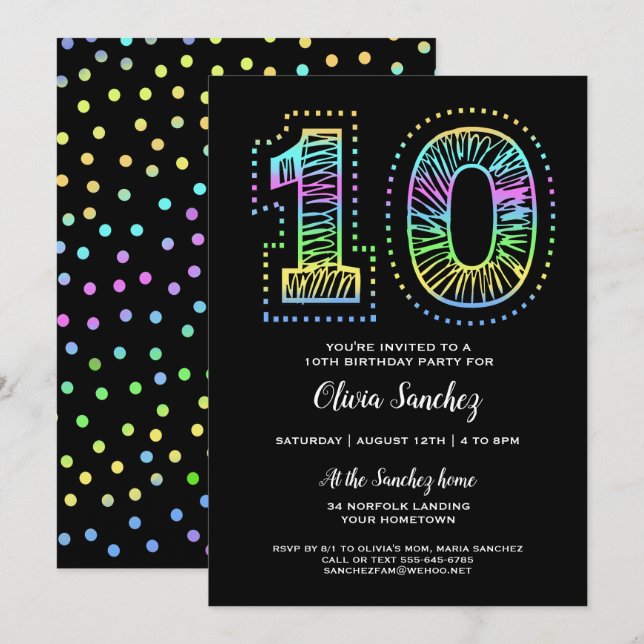 Cool on Black Fun 10th Birthday Party Invitation (Front/Back)