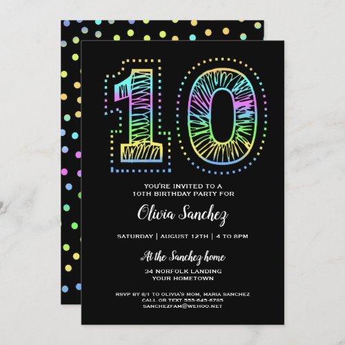 Cool on Black Fun 10th Birthday Party Invitation