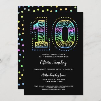 Cool On Black Fun 10th Birthday Party Invitation by Zigglets at Zazzle