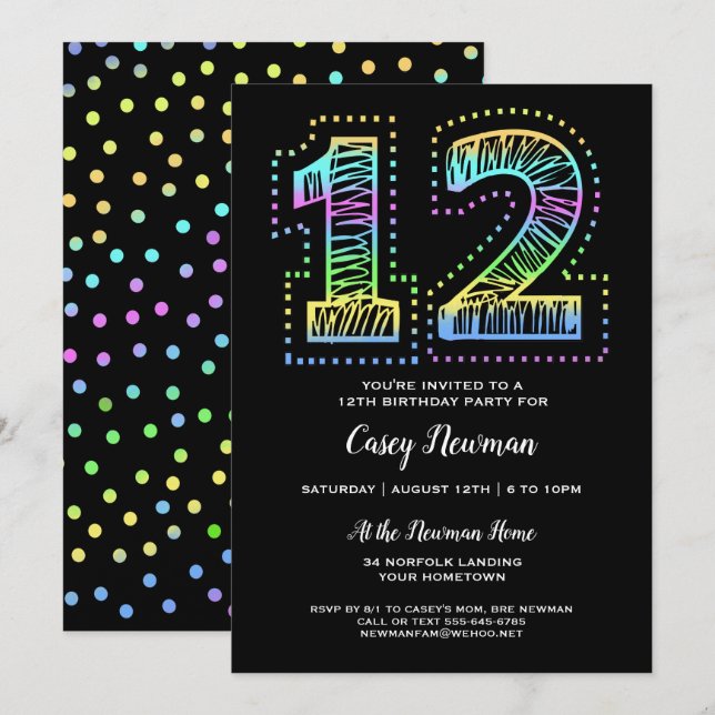 Cool on Black Fun 12th Birthday Party Invitation (Front/Back)