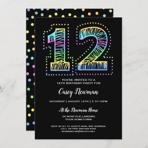 Cool on Black Fun 12th Birthday Party Invitation