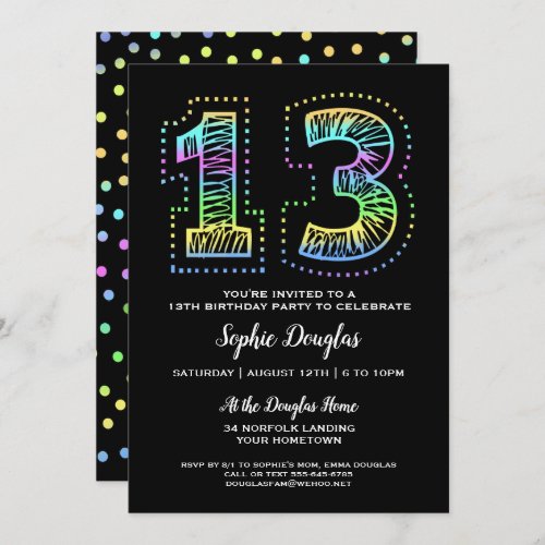 Cool on Black Fun 13th Birthday Party Invitation