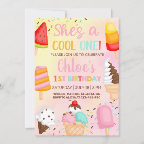 Cool One 1st first girl birthday popsicle invite Invitation