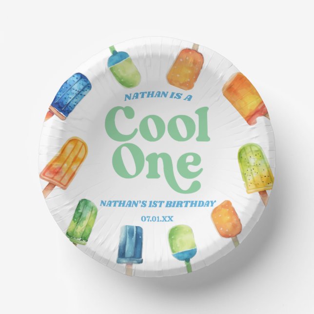 Cool One Blue Retro Popsicle 1st Birthday Party Paper Bowls (Front)