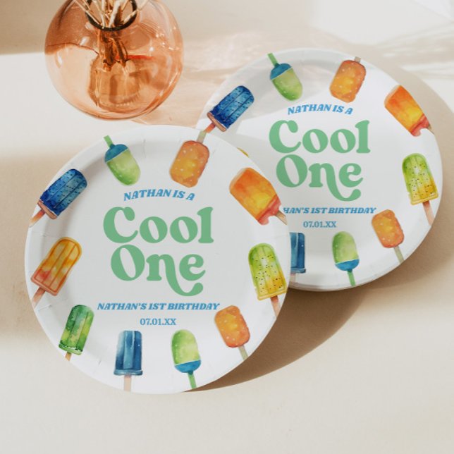 Cool One Blue Retro Popsicle 1st Birthday Party Paper Plates (Creator Uploaded)