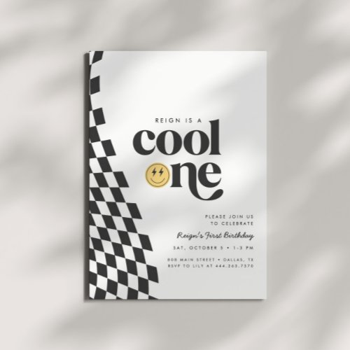 Cool One Boys First Birthday Checkered Retro Invitation