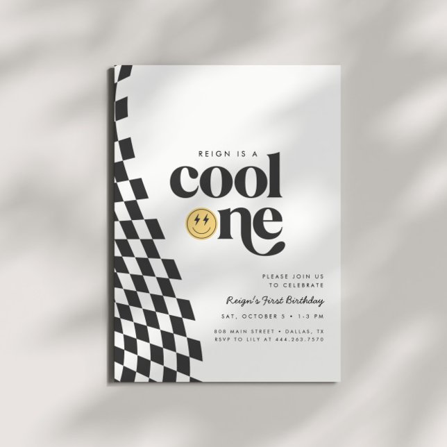 Cool One Boy's First Birthday Checkered Retro Invitation (Creator Uploaded)