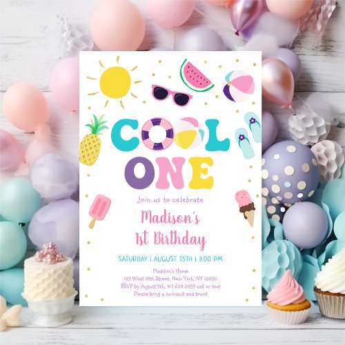 Cool One Girl Pool Party First Birthday Invitation
