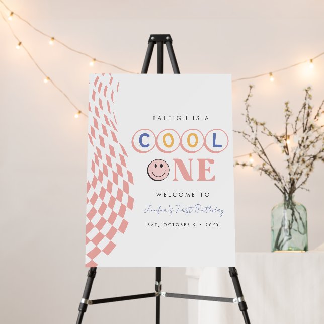 Cool One Girl's First Birthday Checkered Retro Foam Board (In Situ (Stand))
