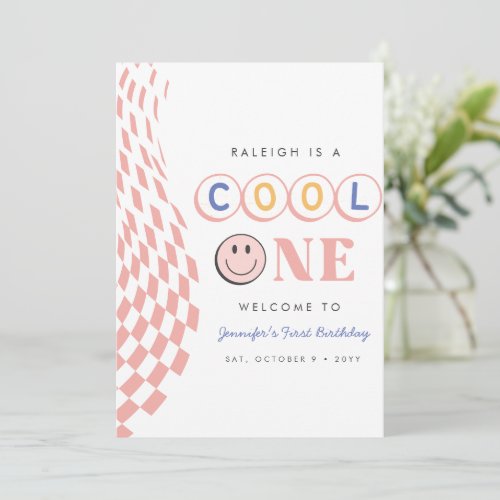 Cool One Girls First Birthday Checkered Retro Invitation