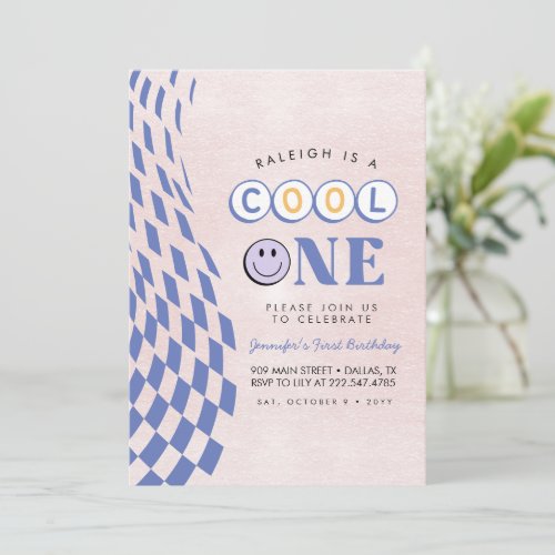 Cool One Girls First Birthday Checkered Retro Invitation