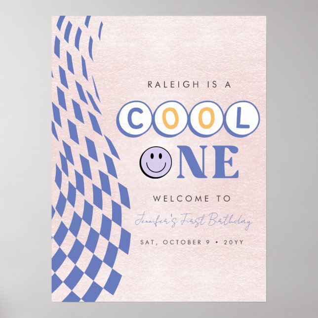 Cool One Girl's First Birthday Checkered Retro Poster (Front)