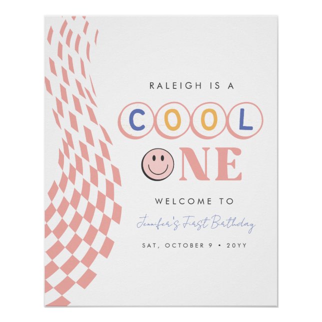 Cool One Girl's First Birthday Checkered Retro Poster (Front)