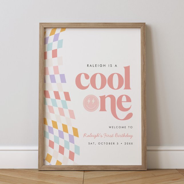 Cool One Girl's First Birthday Checkered Retro Poster (Creator Uploaded)
