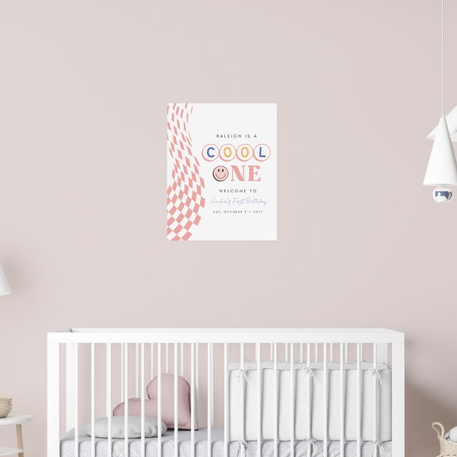 Cool One Girl's First Birthday Checkered Retro Poster (Nursery 2)