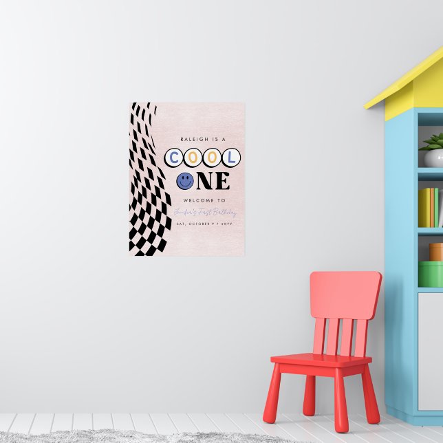 Cool One Girl's First Birthday Checkered Retro Poster (Nursery 1)