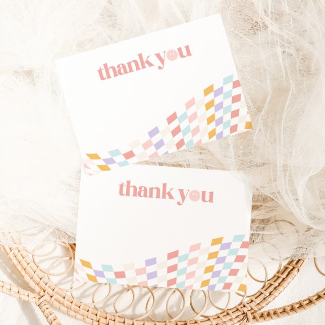 Cool One Girl's First Birthday Checkered Retro Thank You Card (Creator Uploaded)