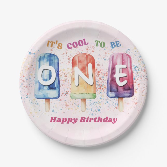 Cool One Pink Popsicle 1st Birthday Party Paper Plates (Front)