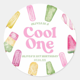 Cool One Pink Retro Popsicle 1st Birthday Party Classic Round Sticker