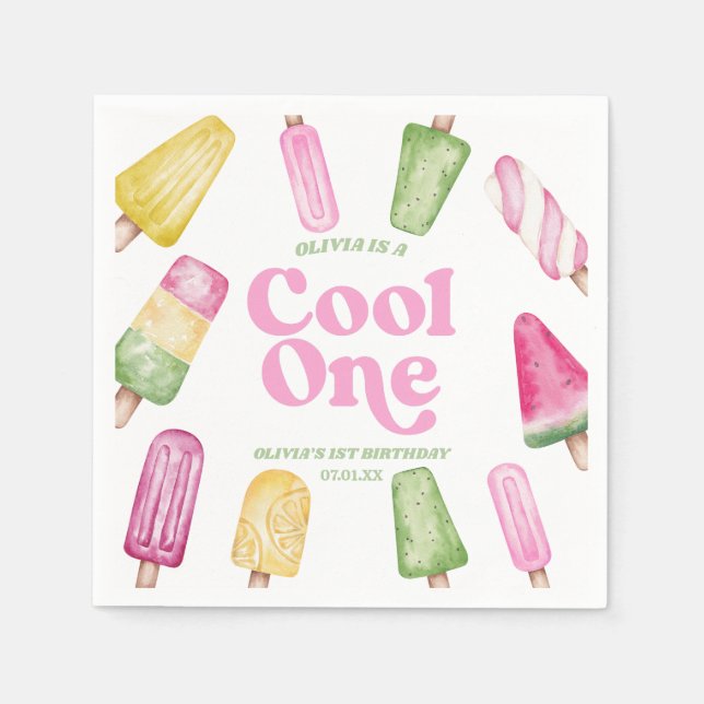Cool One Pink Retro Popsicle 1st Birthday Party Napkins (Front)