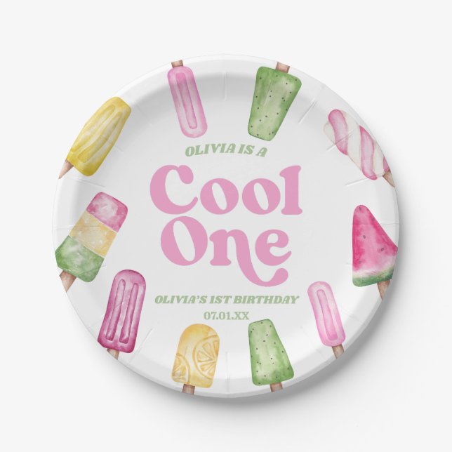 Cool One Pink Retro Popsicle 1st Birthday Party Paper Plates (Front)