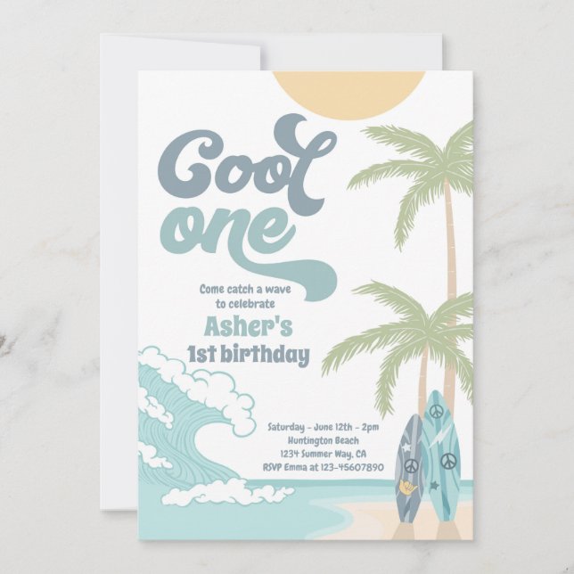 Cool One Retro Surf 1st Birthday Party Invitation (Front)