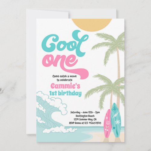 Cool One Retro Surf 1st Birthday Party Invitation