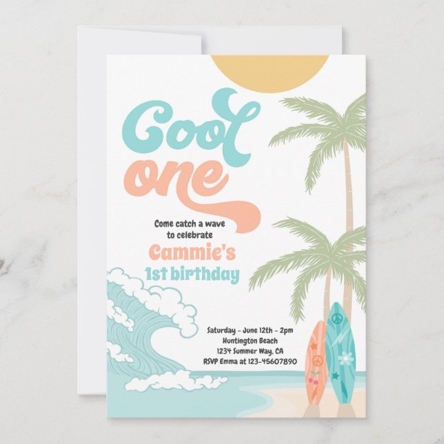 Cool One Retro Surf 1st Birthday Party Invitation (Front)
