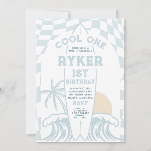 Cool One Surf Surfboard 1st Birthday Party Invitation