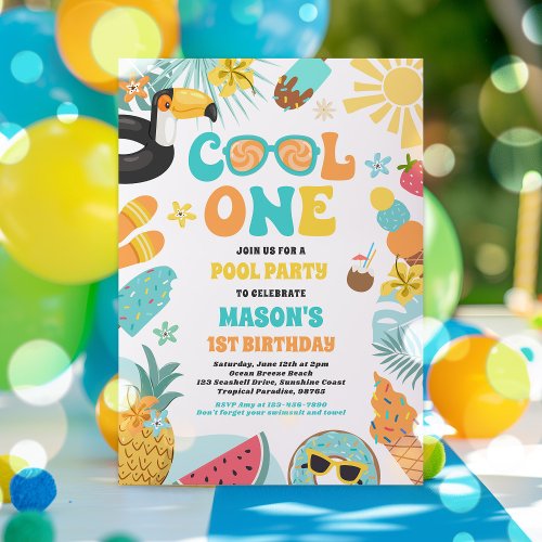 Cool One Tropical Summer Beach 1st Birthday Party Invitation