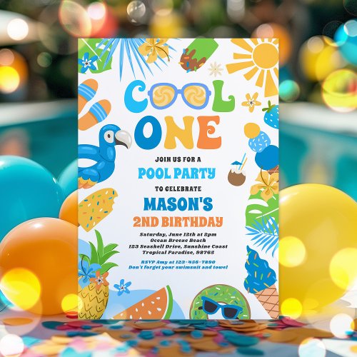 Cool One Tropical Summer Beach 1st Birthday Party Invitation