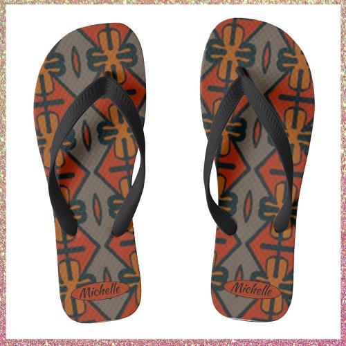 Cool Orange and Gold Tribal Design Flip Flops
